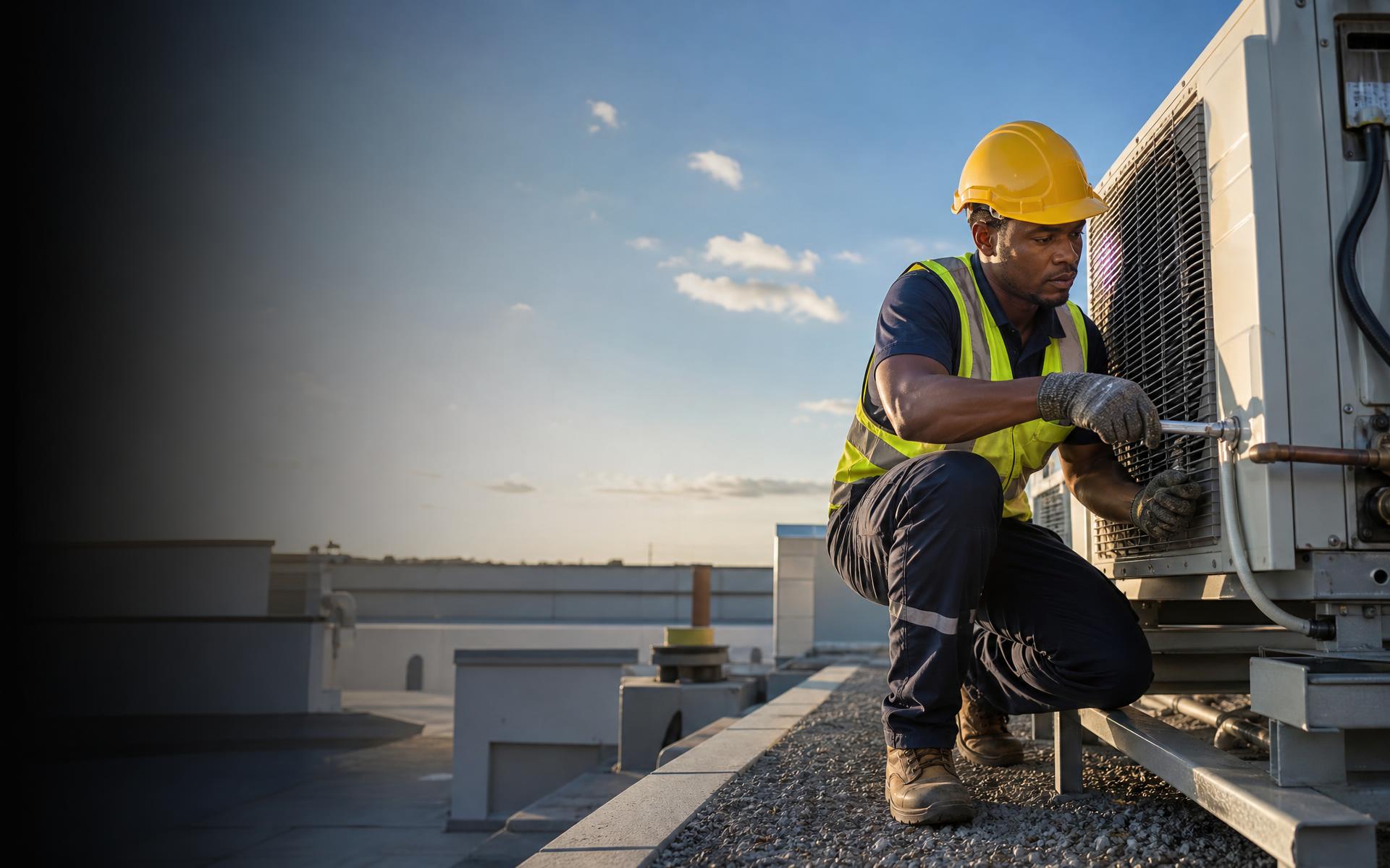 Ellecom maintenance technician servicing a rooftop HVAC unit in bright afternoon light